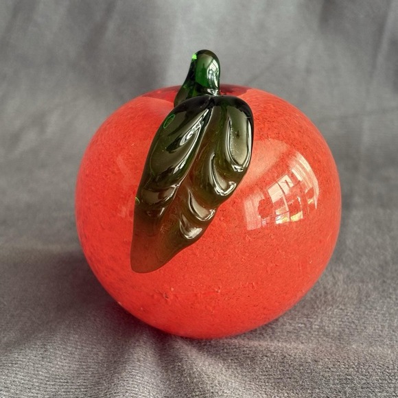 Other - Vintage Red Glass Apple Paperweight Taiwan Green Leaf Stem 2.75" Blown‎ Glass
